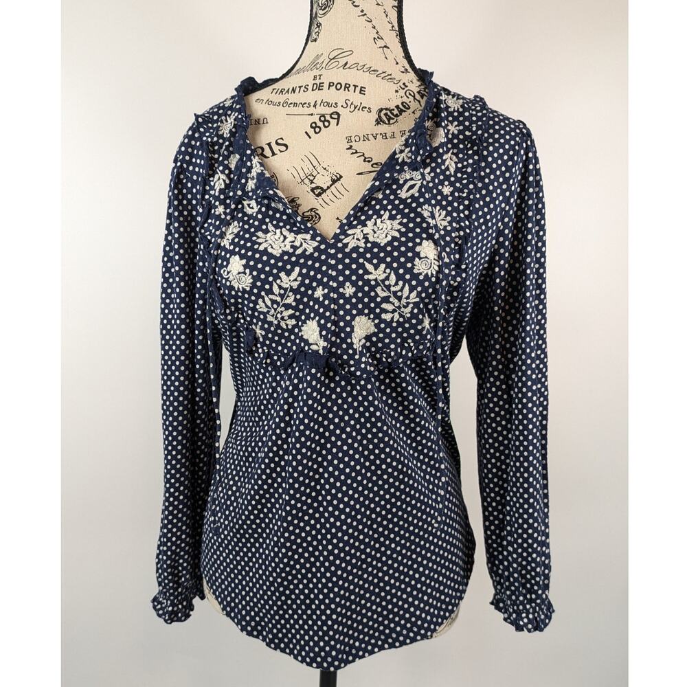 Lucky Brand Womens M Blouse Boho Cottage Navy Blue Polka Dot Ruffle Cotton Top